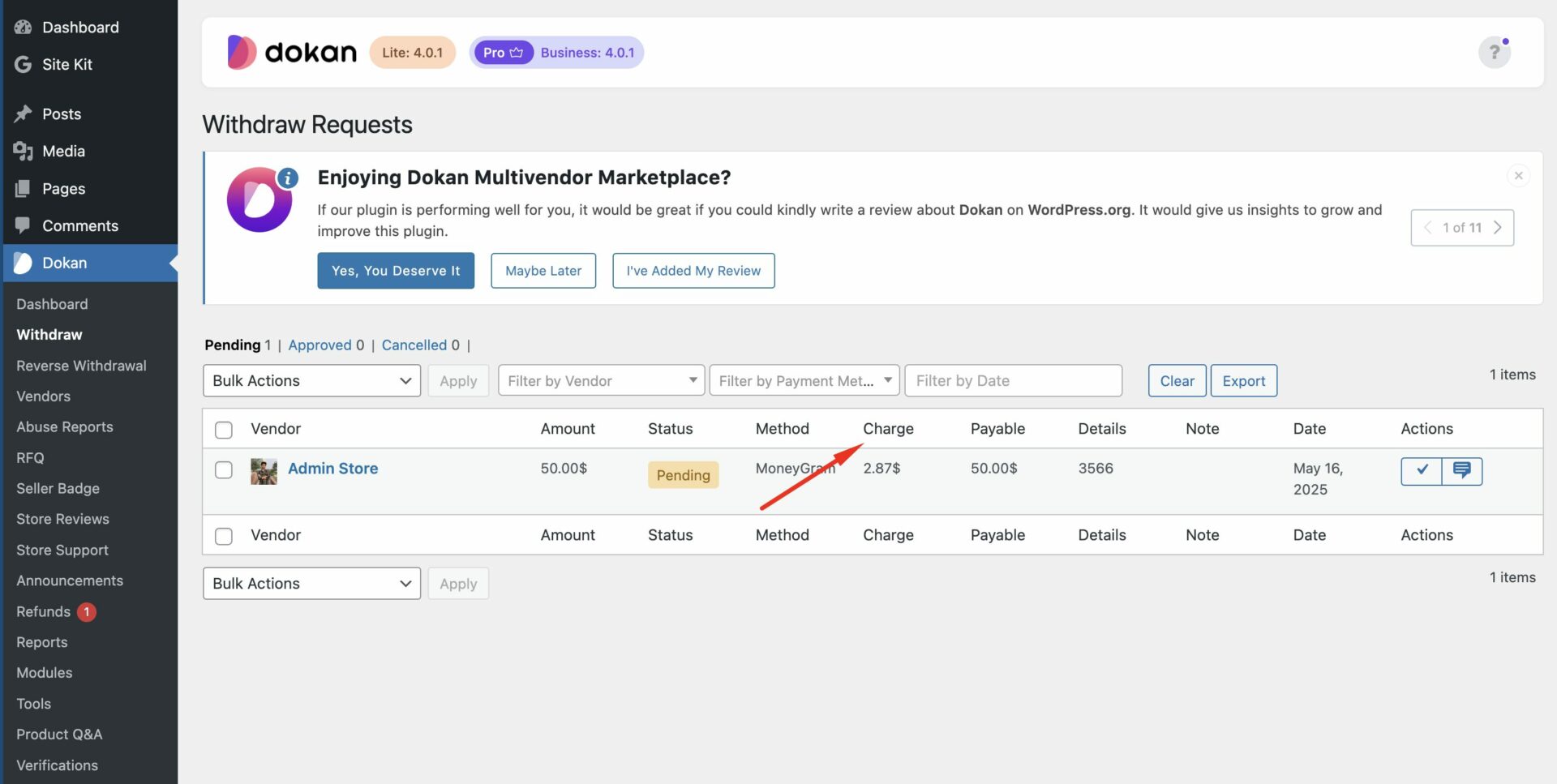 This is a screenshot of withdraw charge in backend