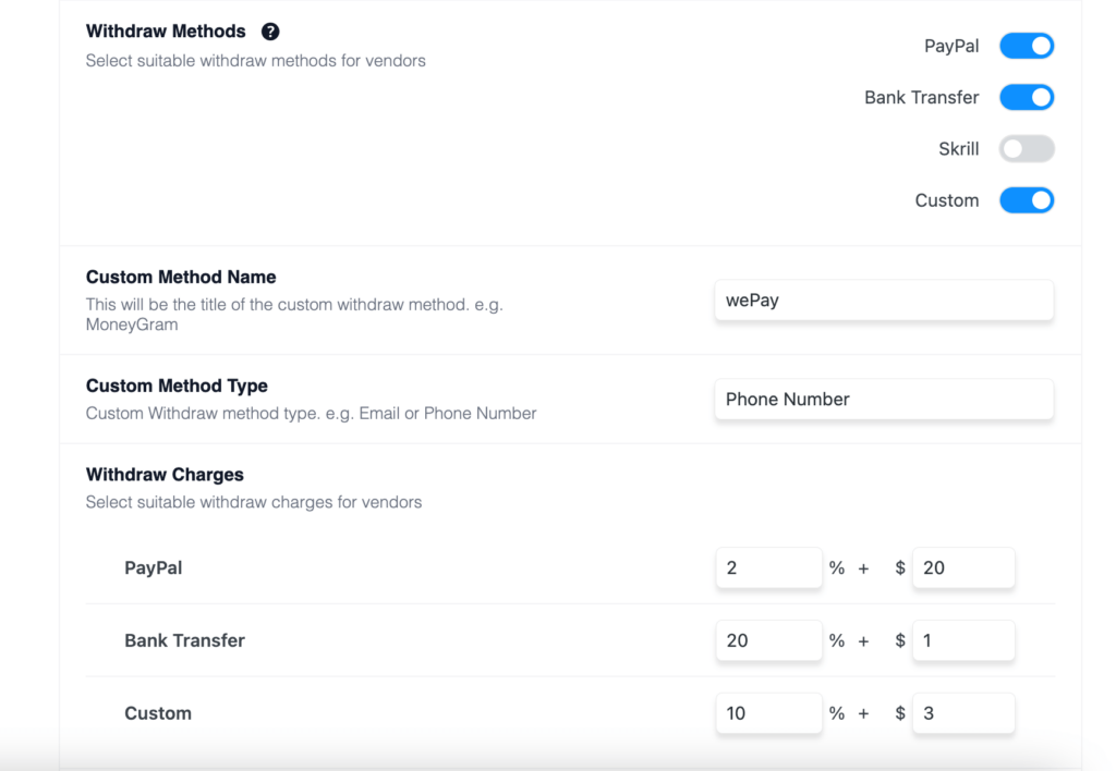 This is a screenshot of withdraw charges being set