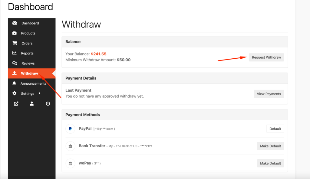 This is a screenshot of withdraw section in vendor dashboard