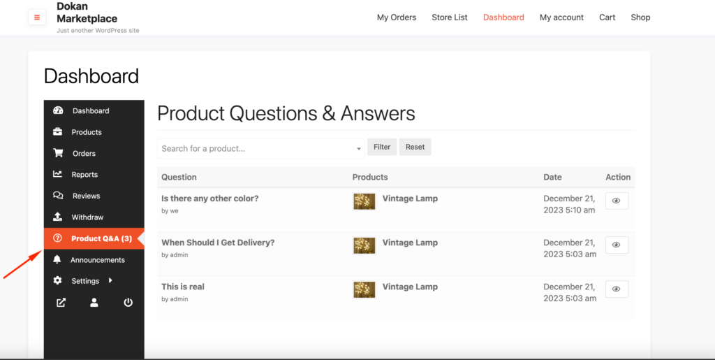 This is a screenshot of product q a in vendor dashboard