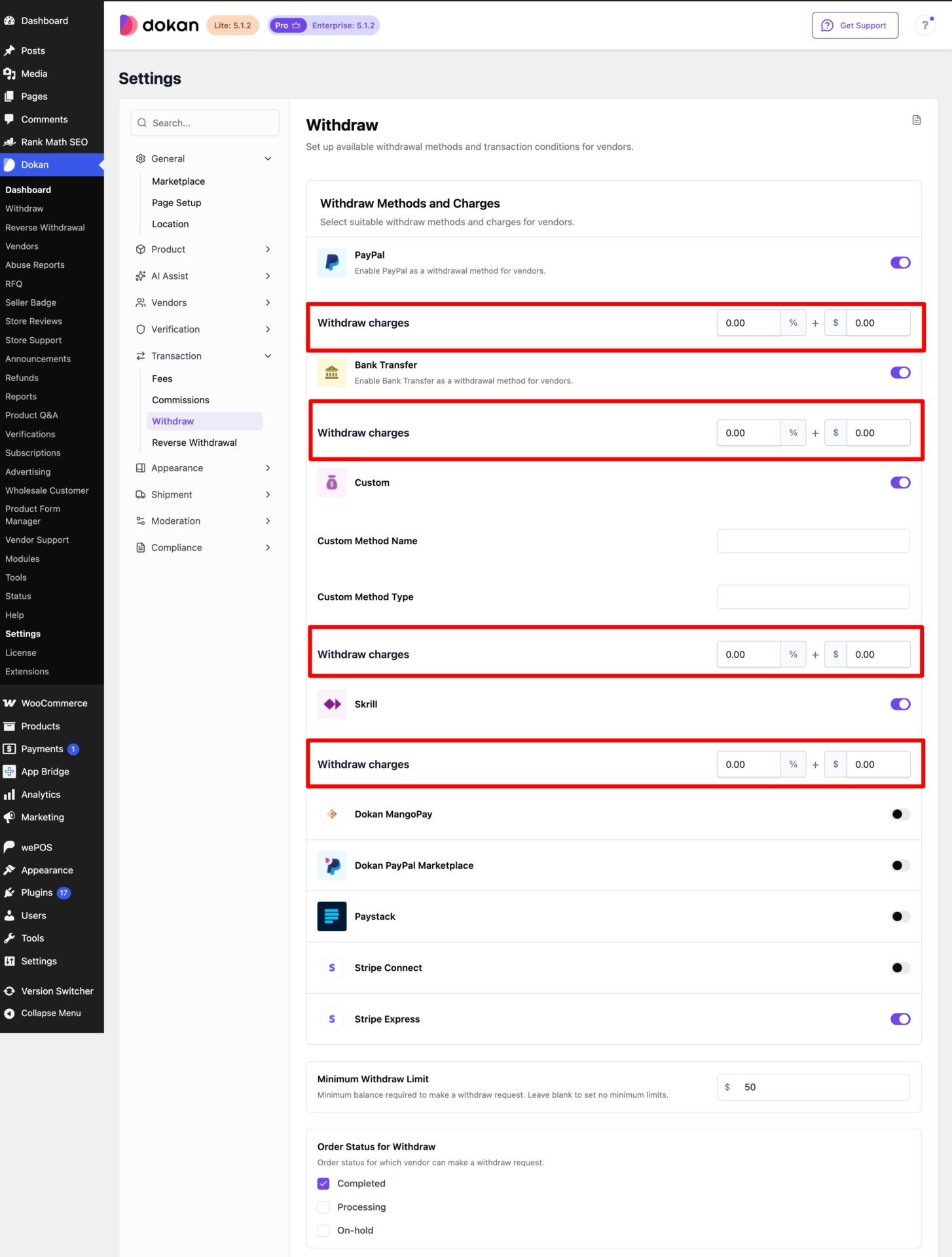 This is a screenshot of Withdraw Charges