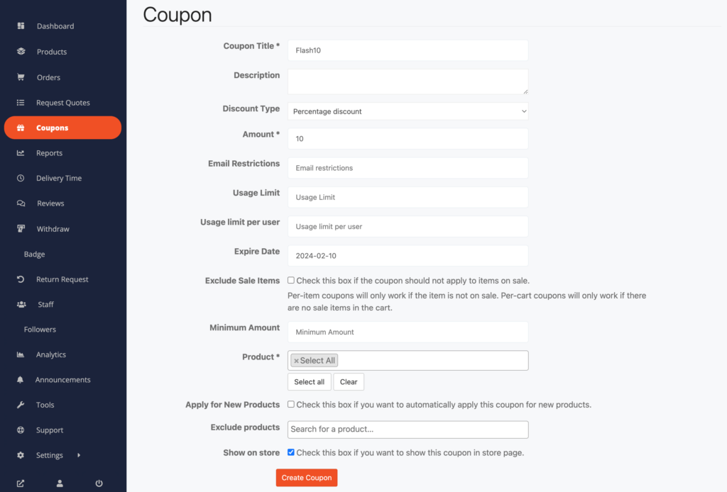 Coupon creation as a vendor