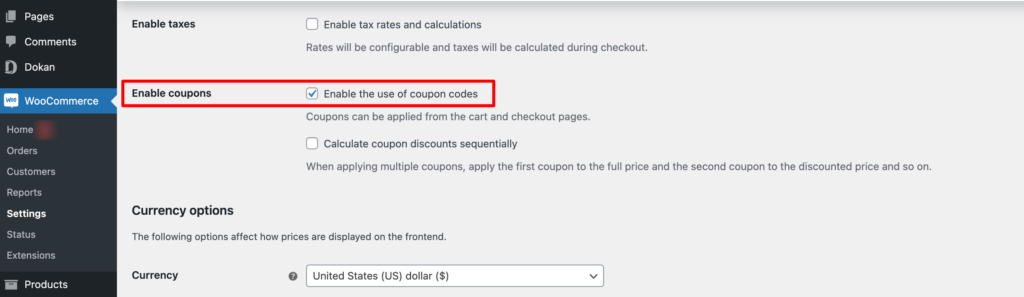 This is a screenshot that shows how to enable coupons on your marketplace