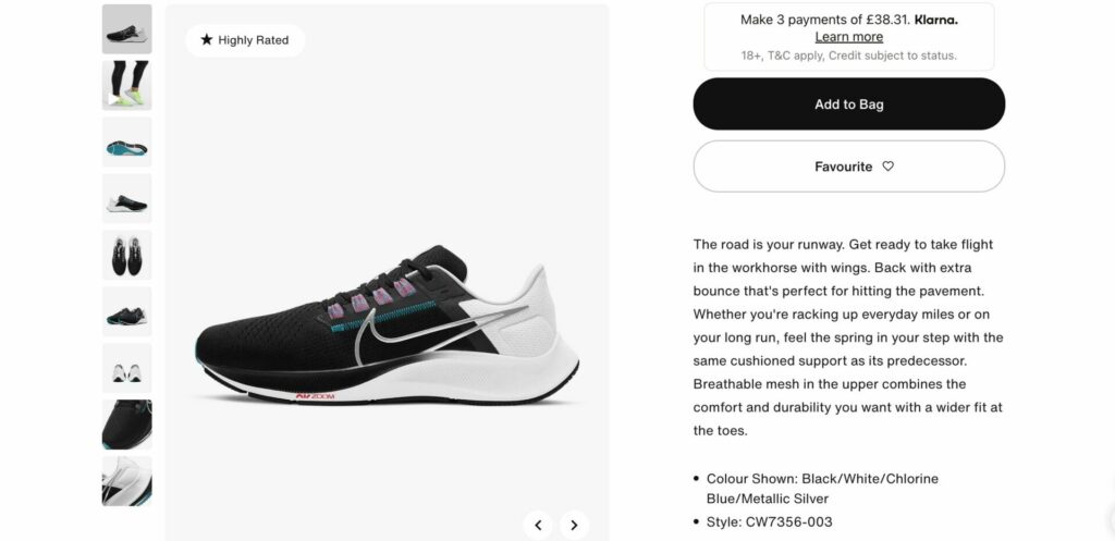 This is an eCommerce product description example that shows Nike shoes