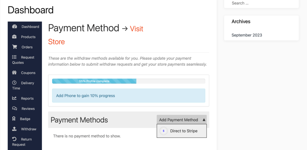 This is a screenshot of Adding Payment Method from Vendor Dashboard