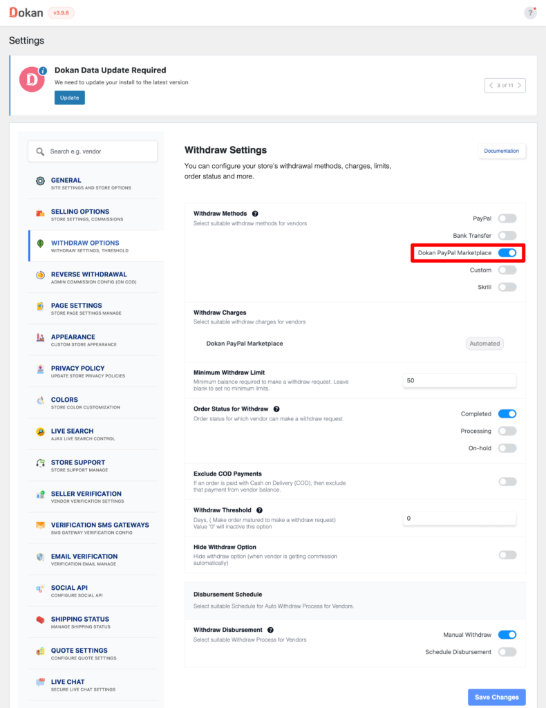 This is a screenshot of Dokan PayPal Marketplace in Settings