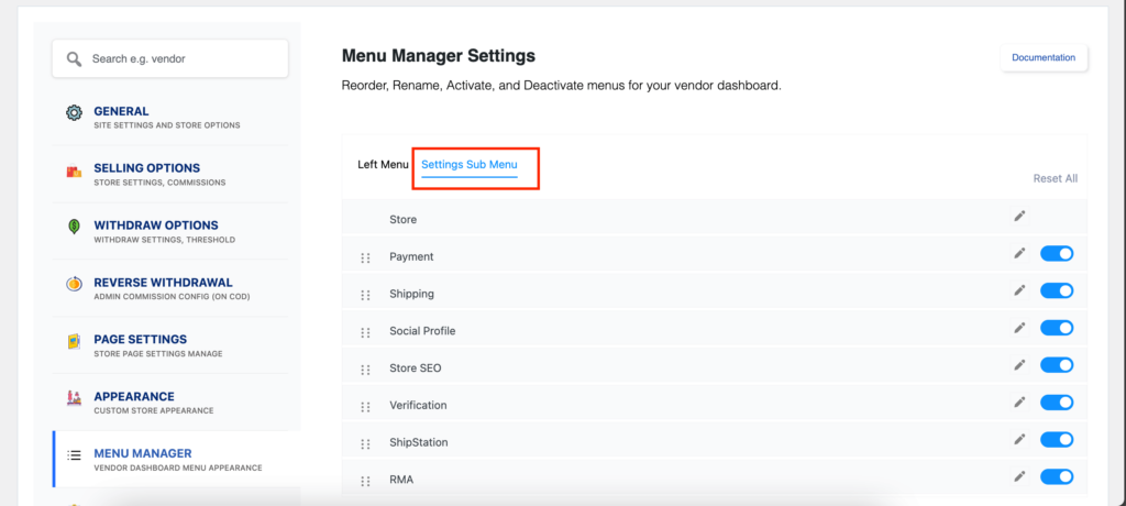 This is a screenshot of Settings Sub menu