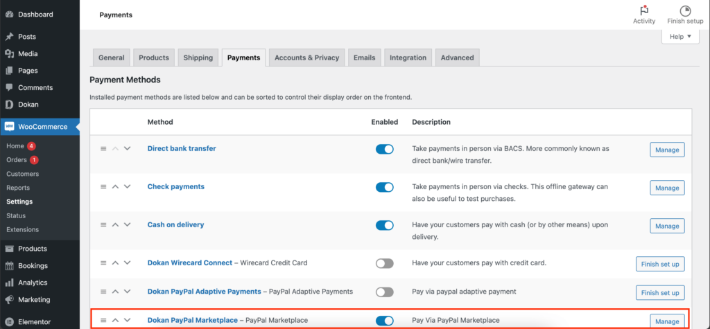 This is a screenshot of activating Dokan PayPal Marketplace in WooCommerce