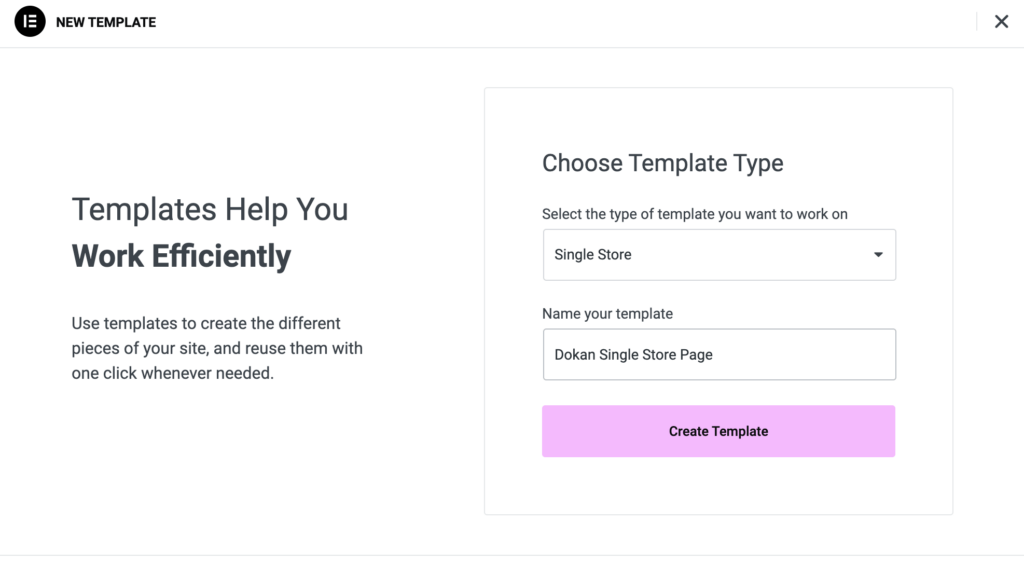 This is a screenshot of choosing and naming the Elementor template