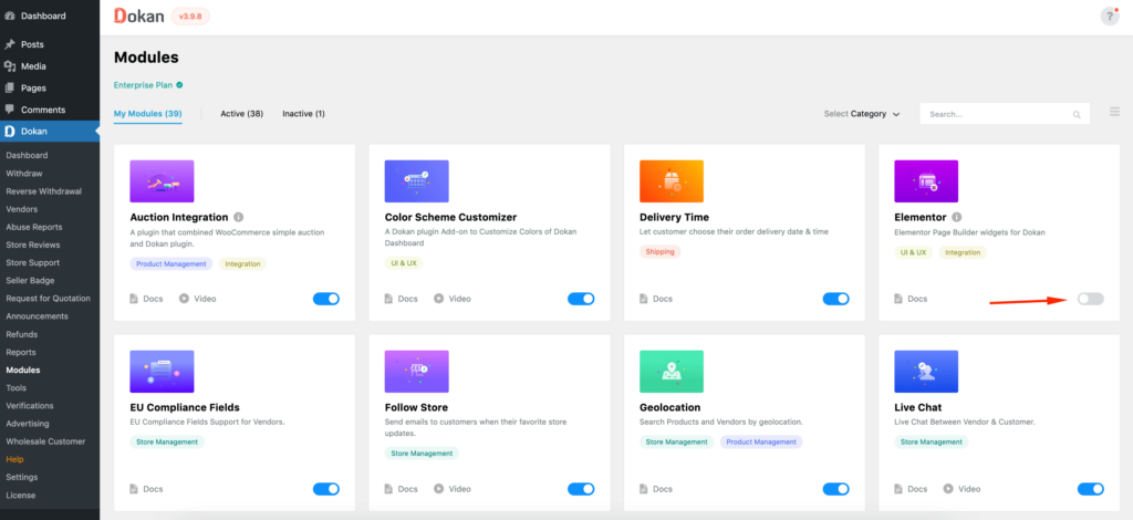 This is a screenshot of enabling Dokan Elementor Module