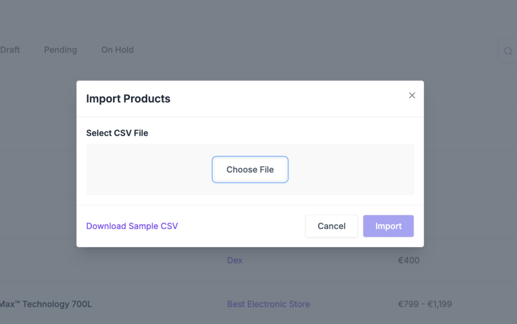 This is a screenshot of import product pop-up