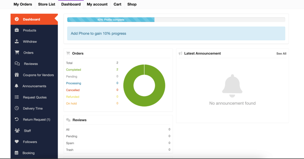 This is a screenshot of report section gone from vendor dashboard