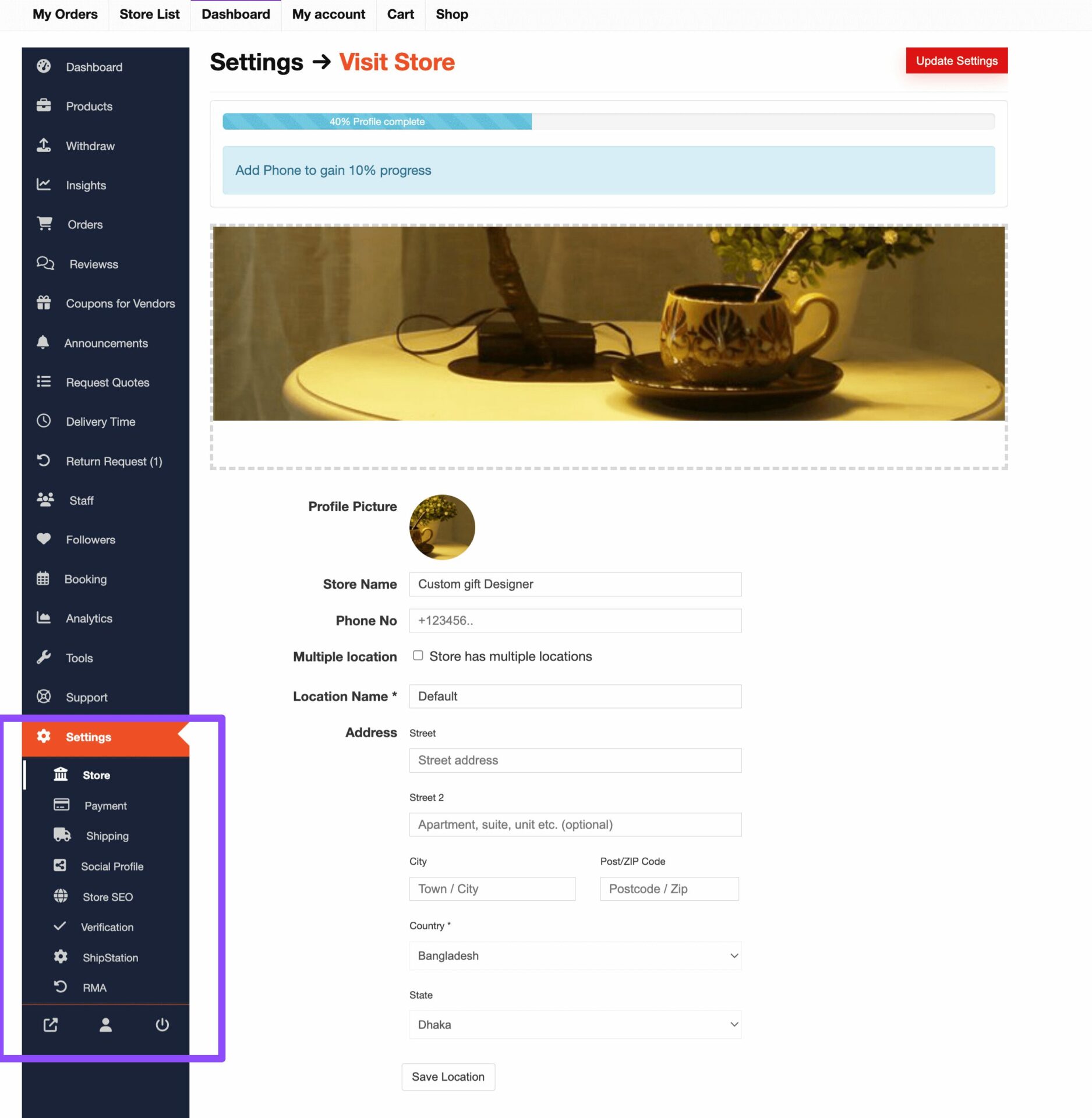This is a screenshot of settings menu on vendnor dashboard