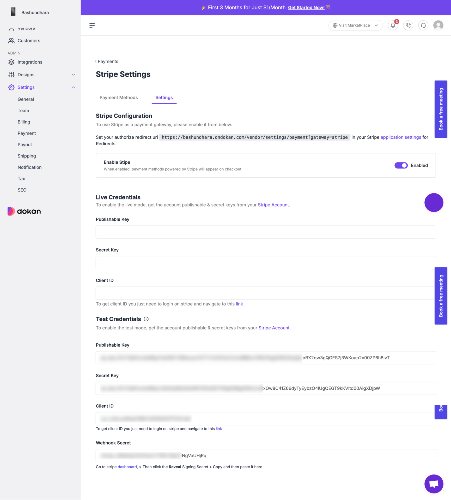 This is a screenshot of stripe settings page