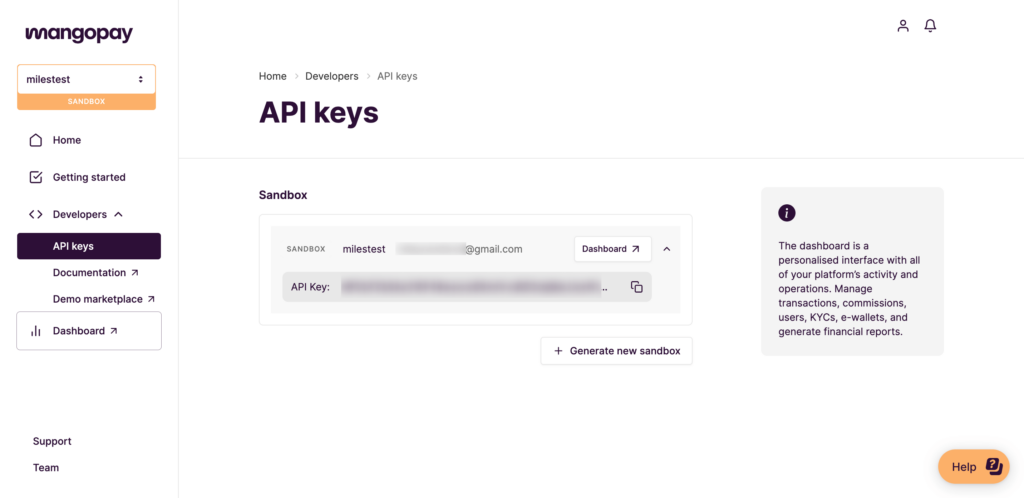 This is a screenshot of the Mangopay API Key