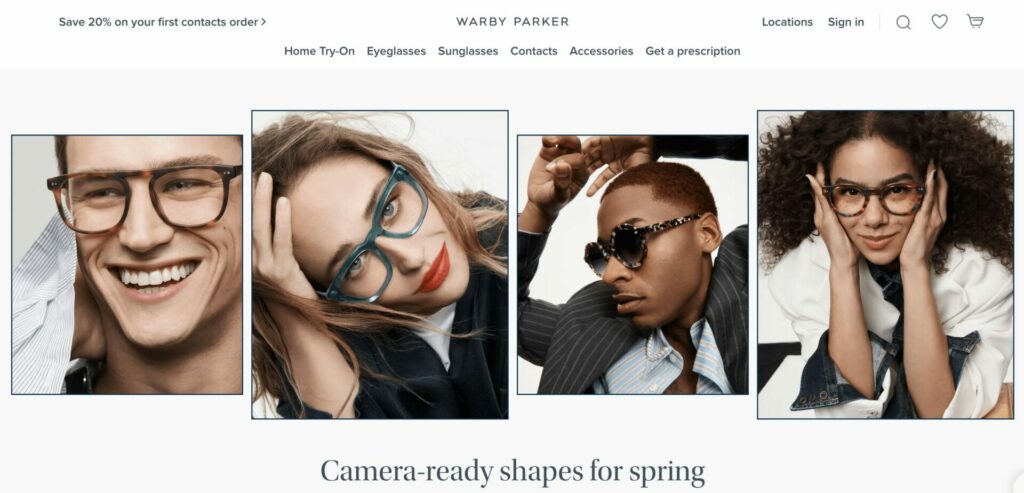 This is a screenshot of the Warby Parker homepage