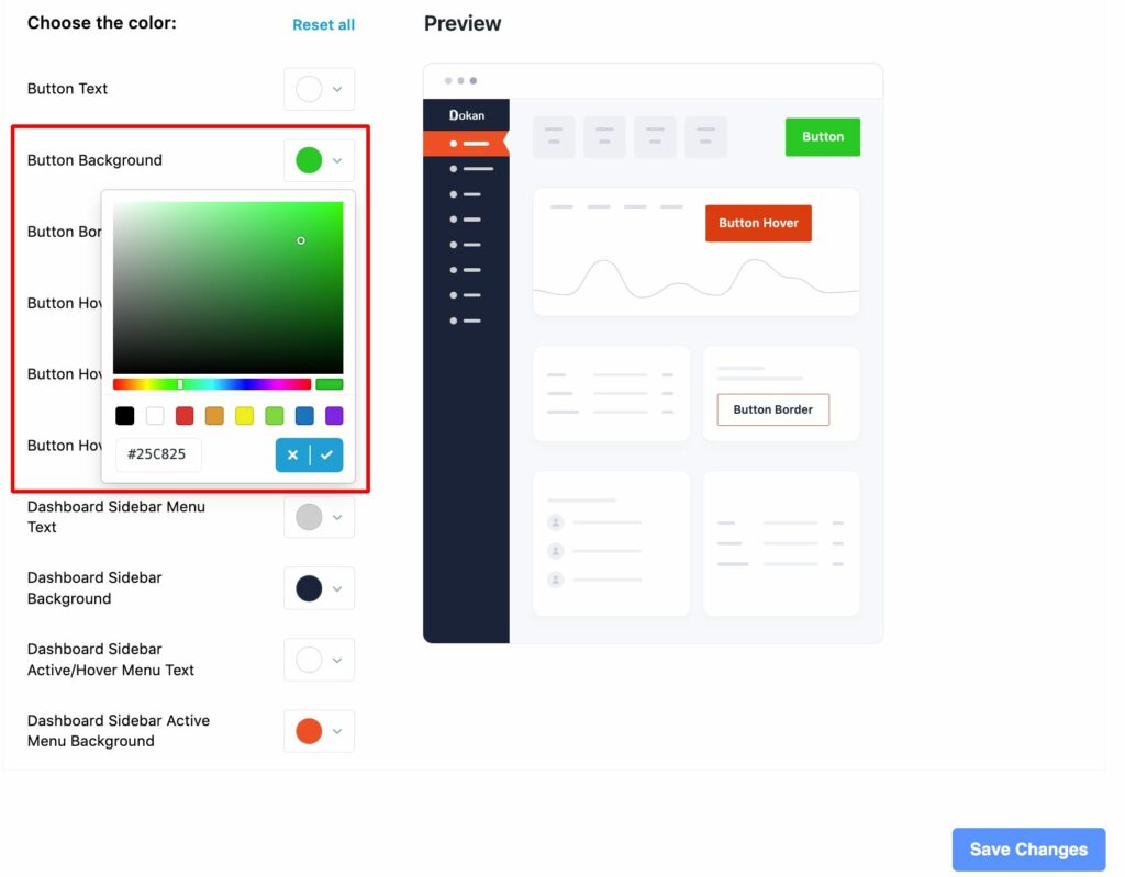 A screenshot to change vendor dashboard element color on dokan marketplace