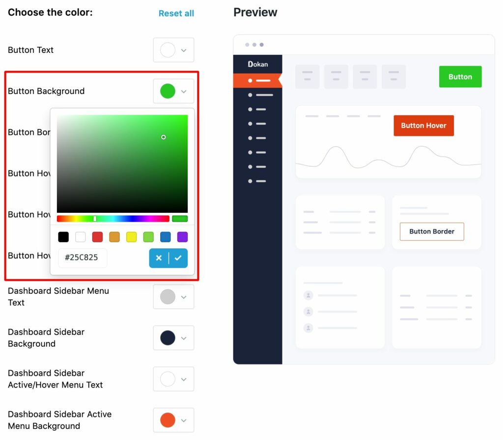 change vendor dashboard element color on dokan marketplace