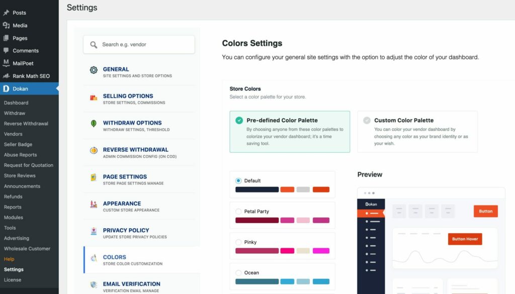A screenshot of color settings on dokan marketplace