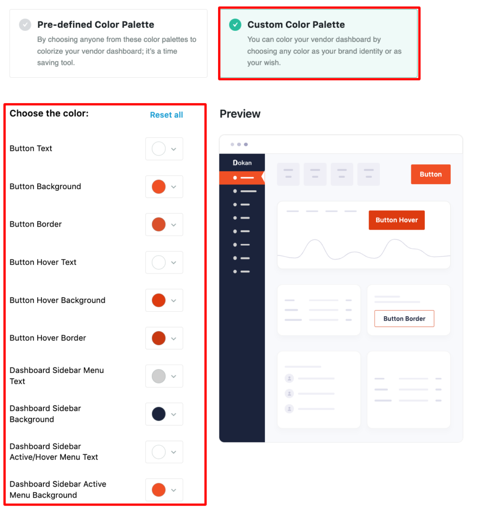 A screenshot to apply custom color palette for vendor dashboard color customization