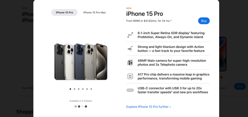 This is a screenshot of the iPhone 15 product description page 