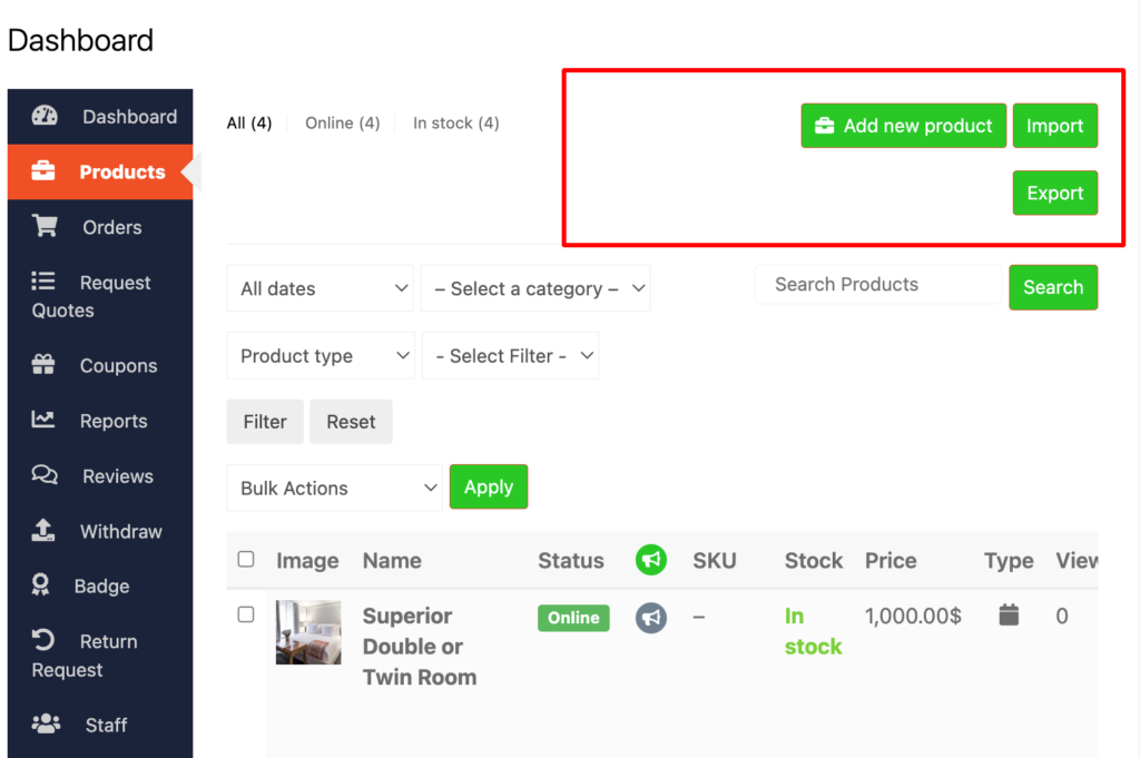 A screenshot of modified button color on vendor dashboard