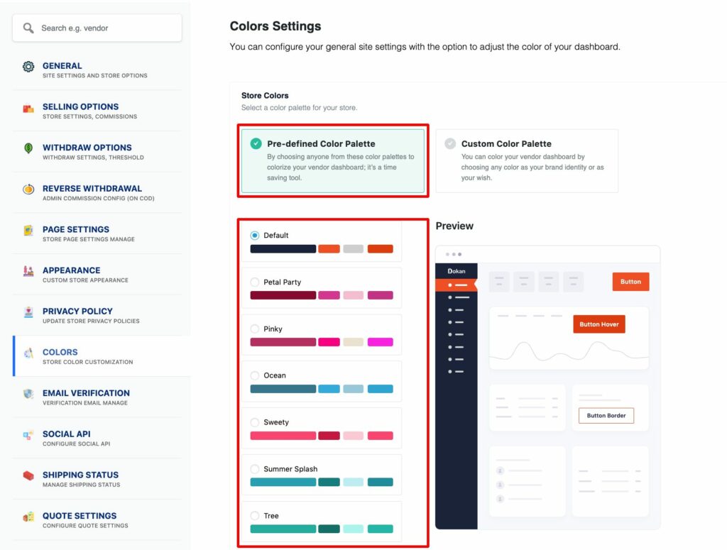 A screenshot to pre-defined color palette for vendor dashboard on dokan marketplace