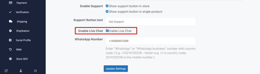This image shows how to enable live chat on a vendor store
