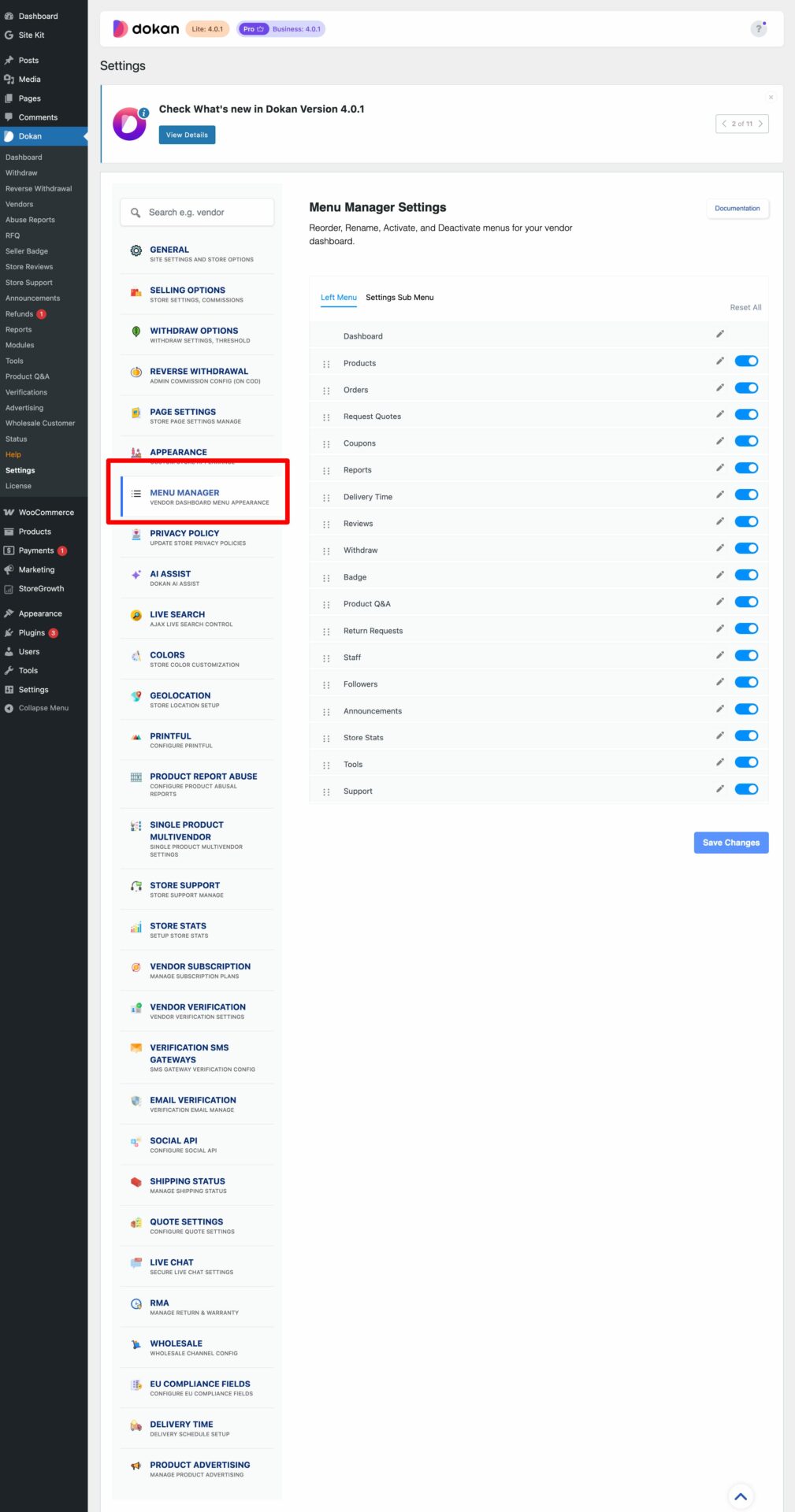This is a screenshot of menu manager backend