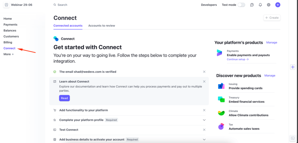 This is a screenshot of the connect option of stripe