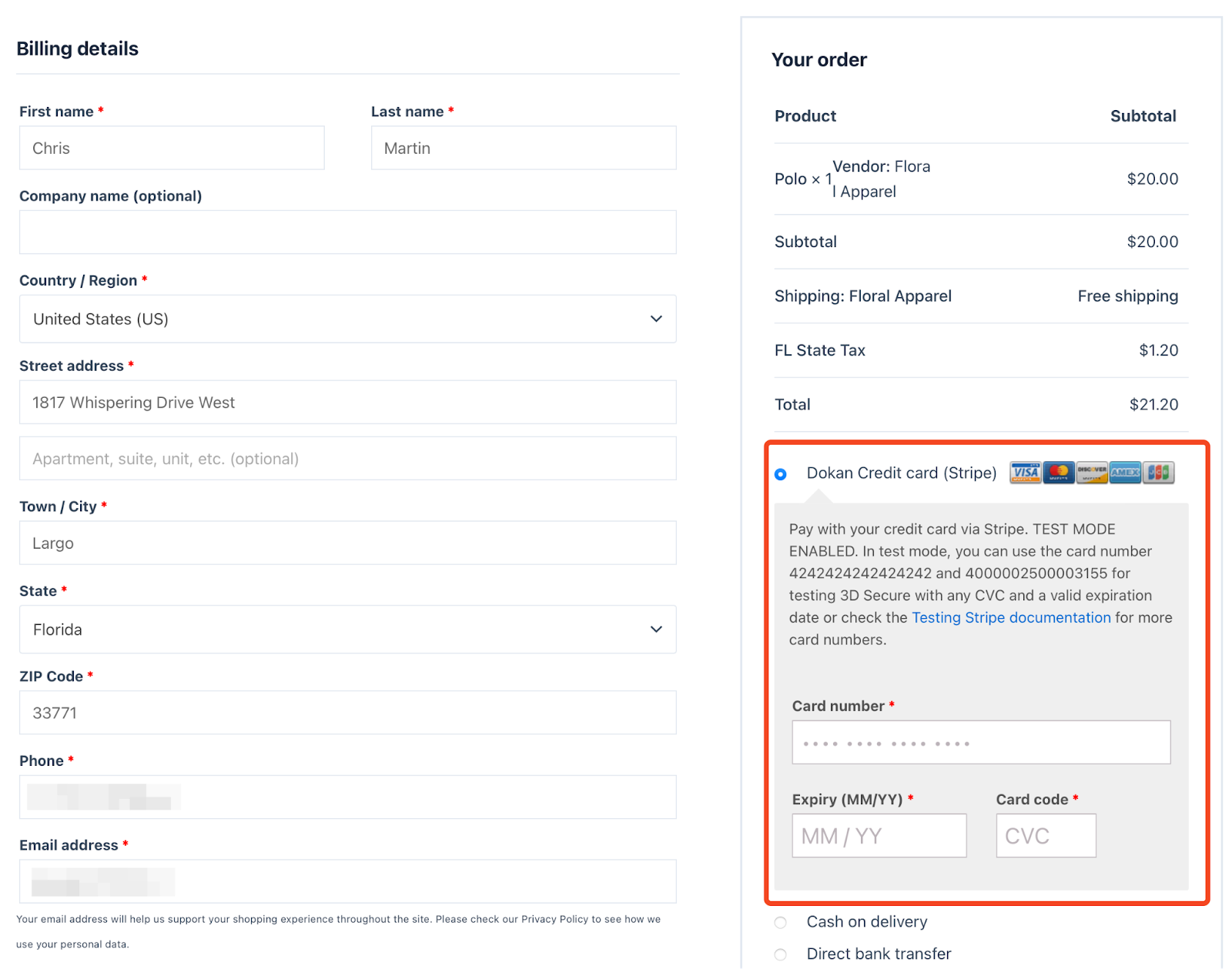 A screenshot of the Dokan Stripe Module checkout