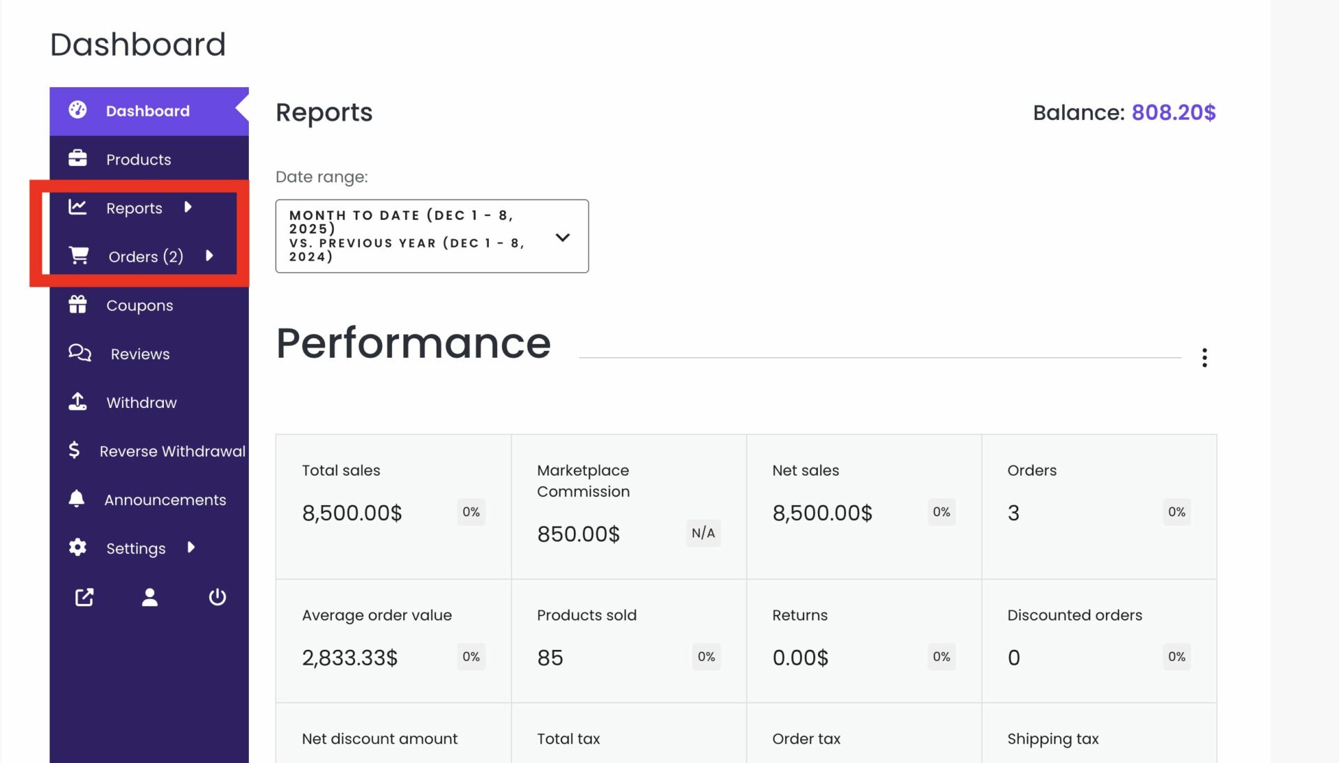 This is a screenshot of report section over order section 