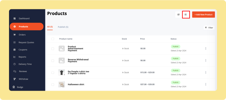 This image shows Dokan products import button