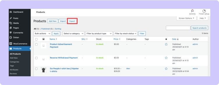This image shows the WooCommerce product export option 