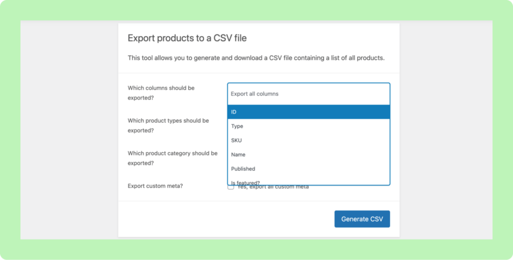 This screenshot shows the WooCommerce product export options