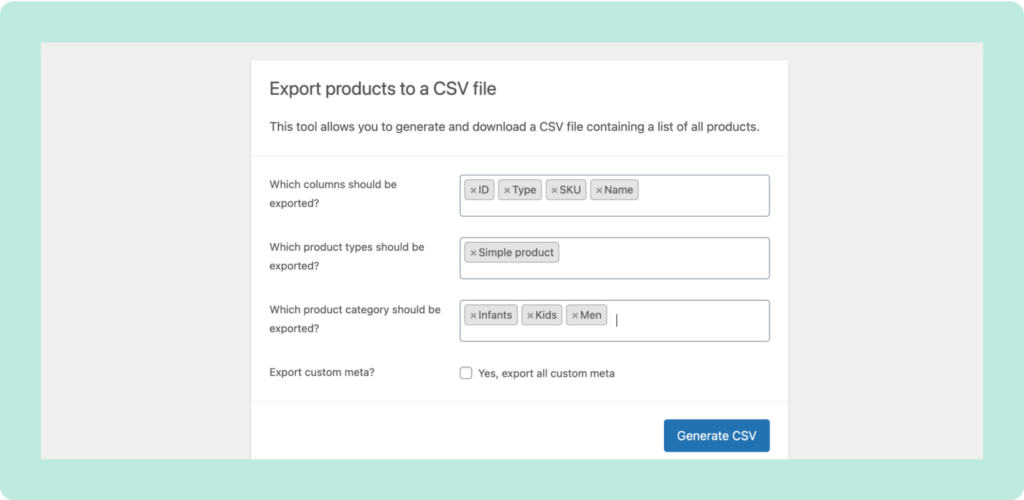 This image shows how to export products with selected data