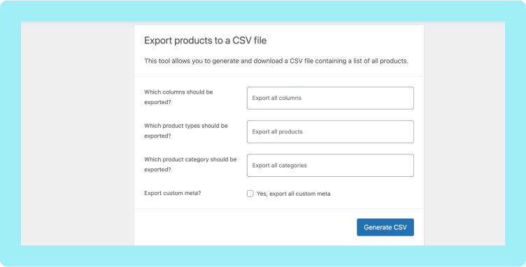 This image shows the WooCommerce product export options 