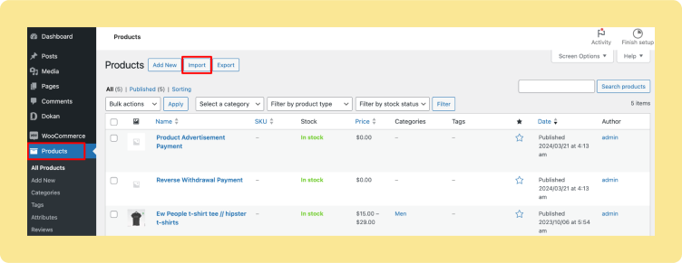 This image shows that WooCommerce product import option