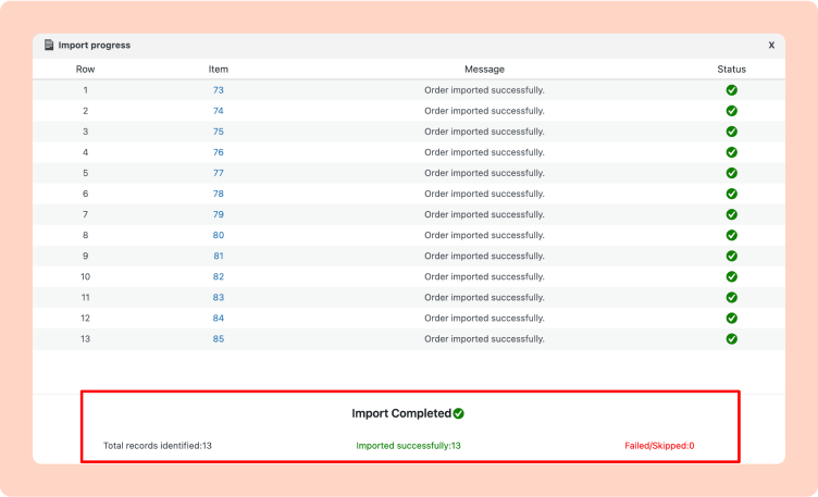 This image shows the success message of product importing