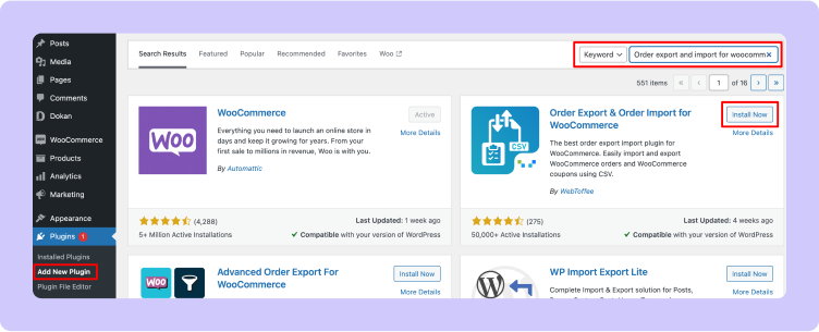 This image shows how to install the Order export and import for WooCommerce plugin