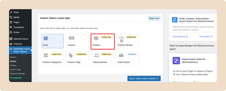 This image shows how to install the Product module of the Product import and export for WooCommerce plugin