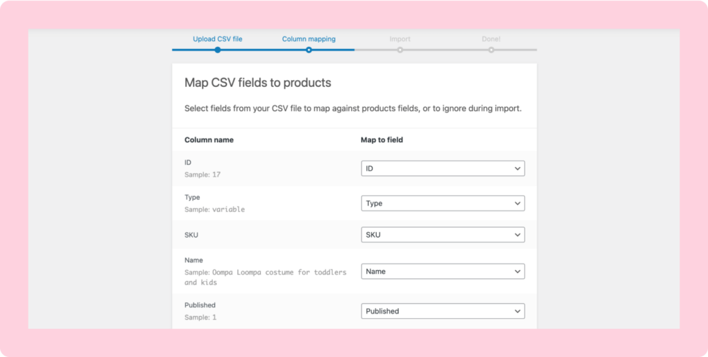 This image shows WooCommerce product upload option as a CSV file