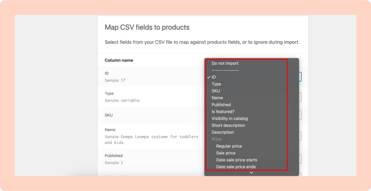 This image shows the WooCommerce Column Mapping option