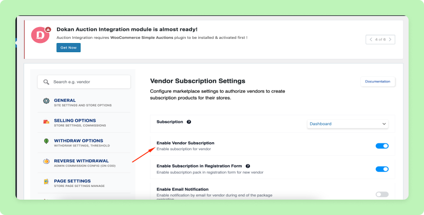 This is a screenshot of enabling vendor subscription from Dokan Settings