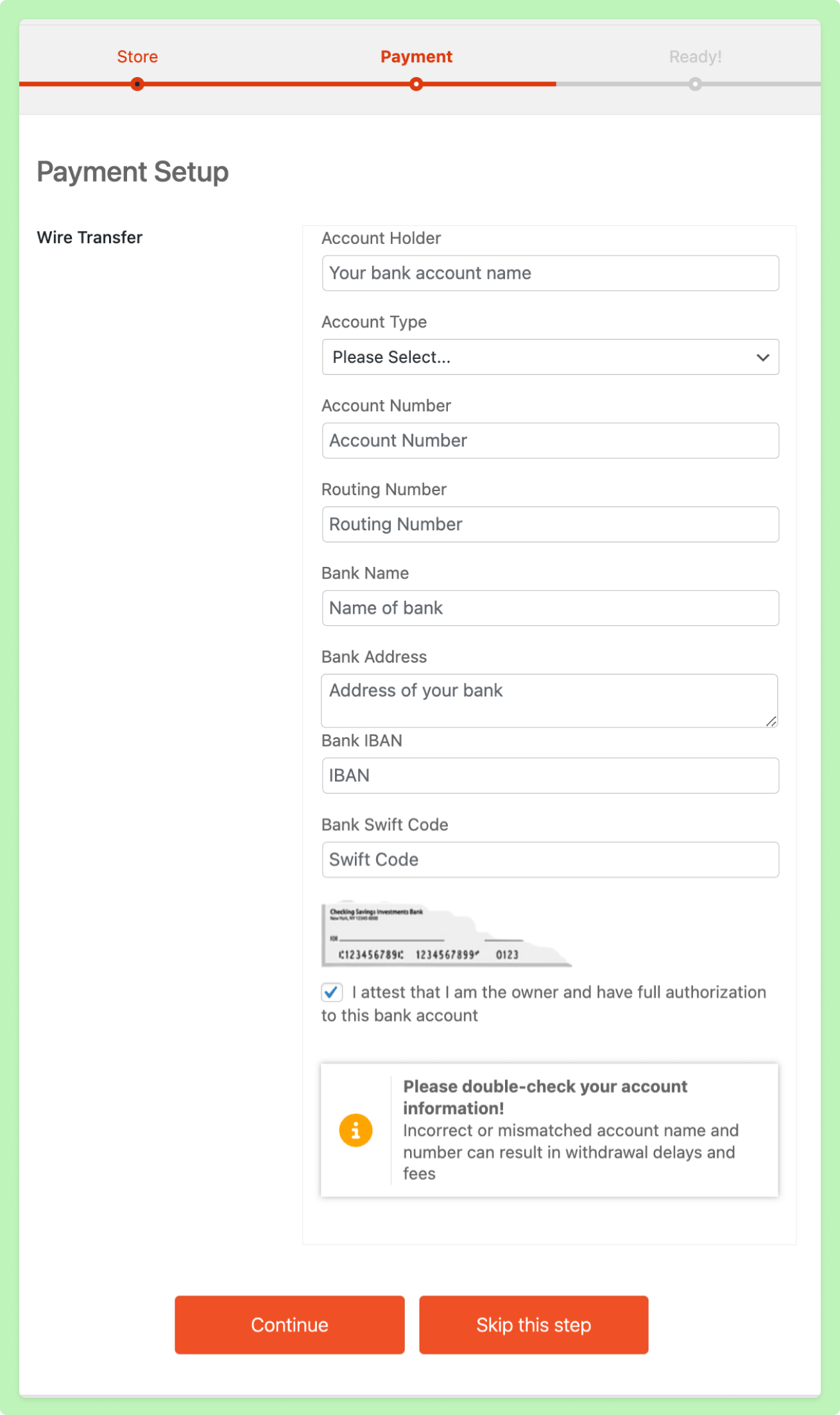This is a screenshot of the bank payment field