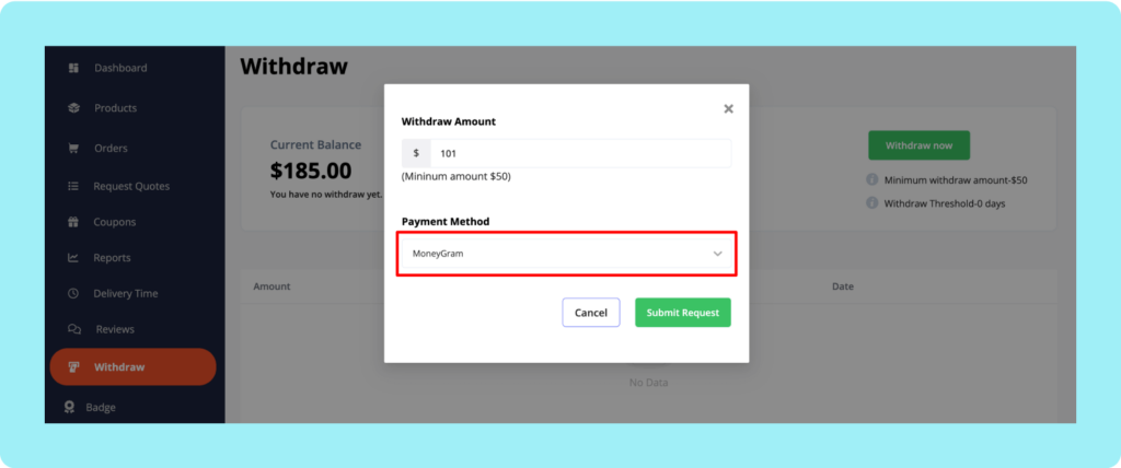 This image shows how to submit a payout request 