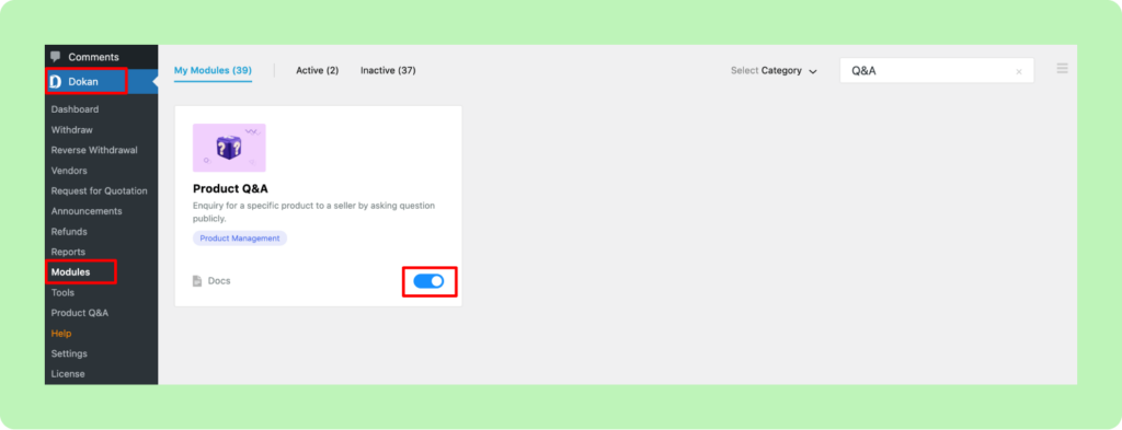 This image shows how to enable the Product Q&A module