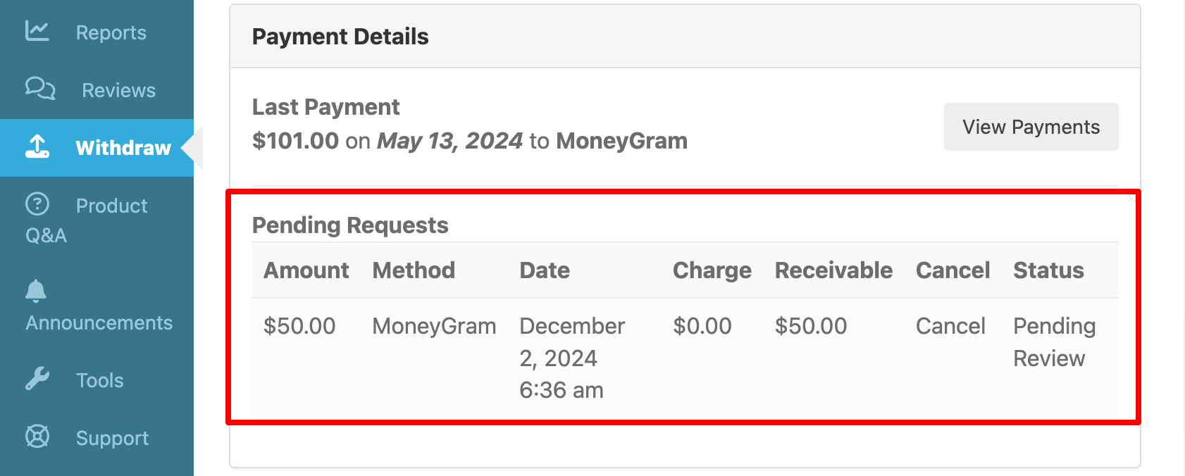 This is a pending payout request from a vendor 