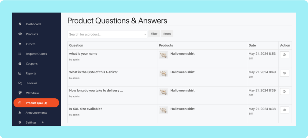 This image shows the question list in a vendor dashboard 