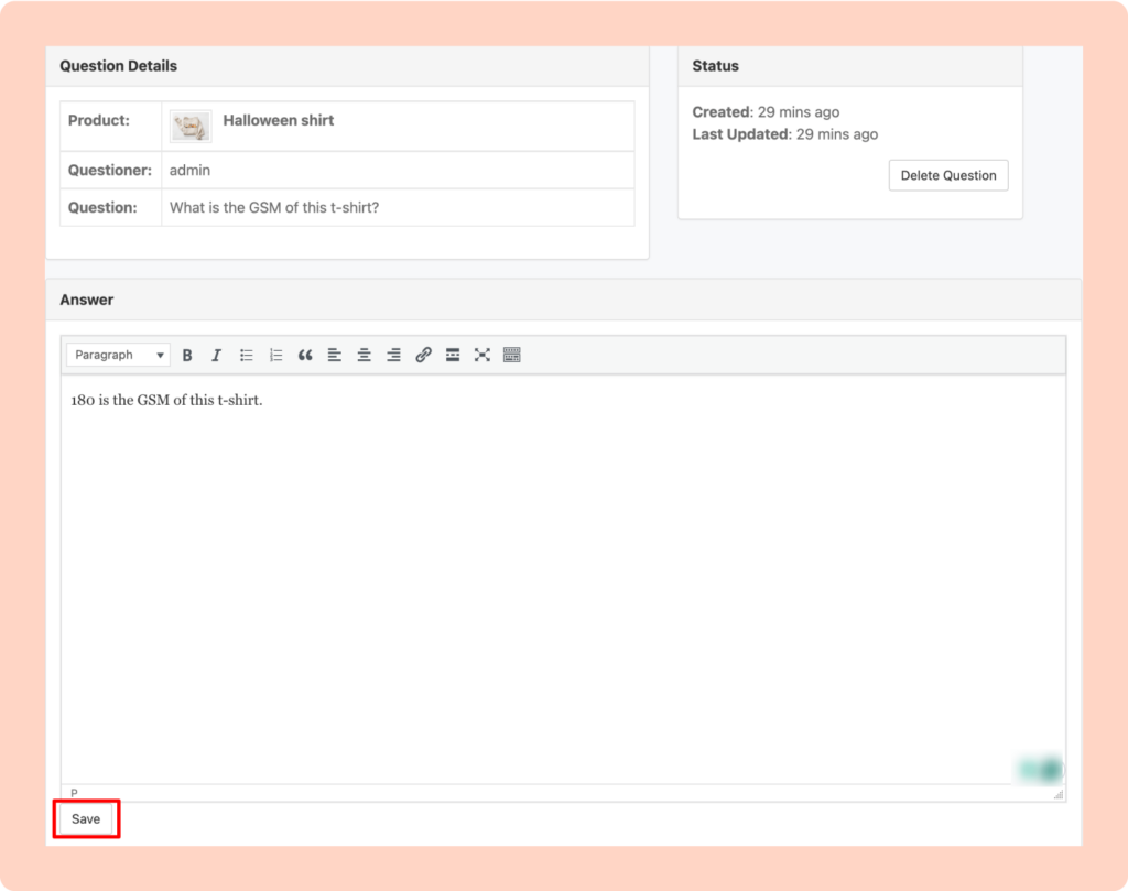 This image shows how to answer a question using the Product Q&A module